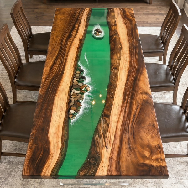Walnut Coastal Pebble Green Island Epoxy Resin Dining Table