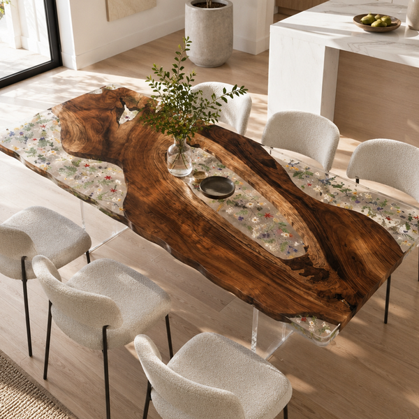 Walnut Wood Floral Inlay Live Edge Epoxy Resin Dining Table