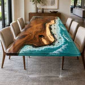 92.5" L × 46.5" W × 2" T Walnut Ocean Beach Waves Epoxy Resin Dining Table
