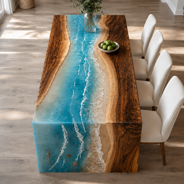 Walnut Coastal Tide Epoxy Resin Waterfall Table