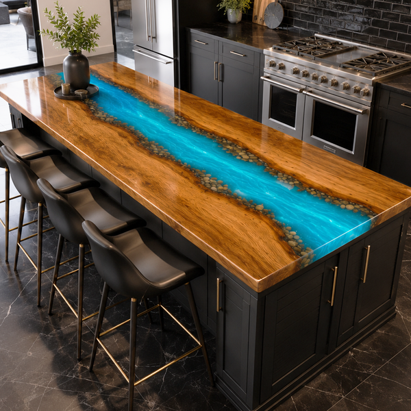Walnut Wood Custom Aqua River Stone Style Epoxy Resin Countertop