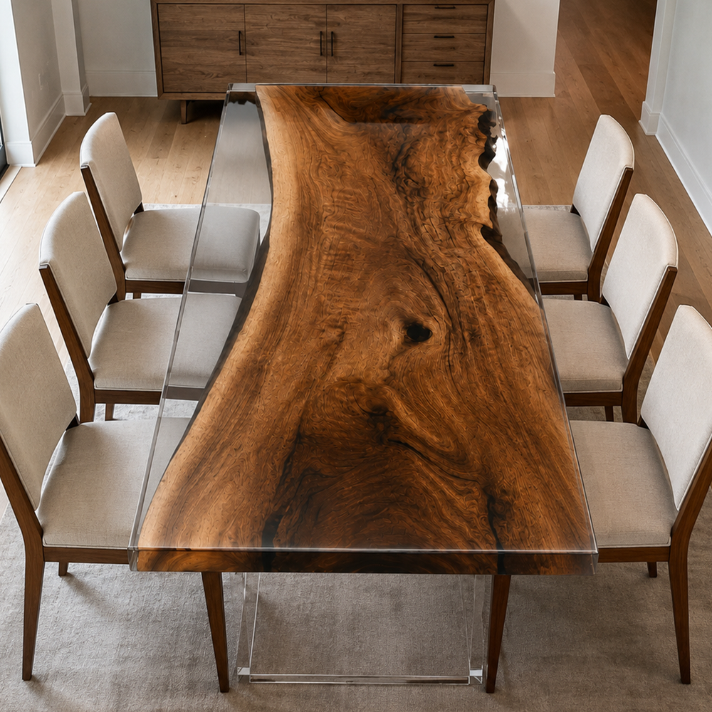 Black Walnut Wood Clear Encapsulated Epoxy Resin Dining Table