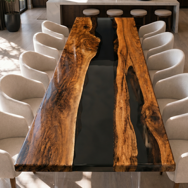 Walnut Wood Obsidian River Epoxy Resin Dining Table