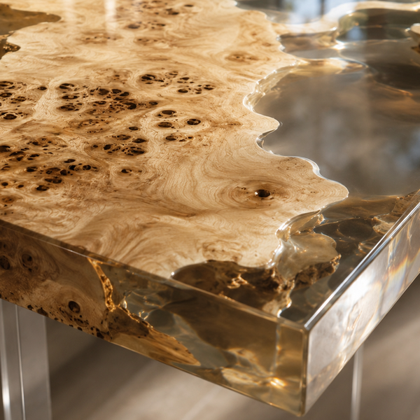 Poplar Burl Crystal Clear Floating Island Epoxy Resin Dining Table