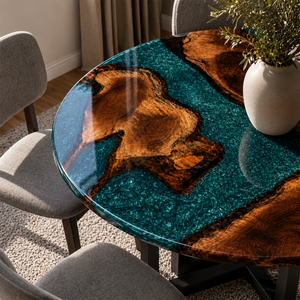 Walnut Tree Ring Crystalline Turquoise Epoxy Resin Round Table