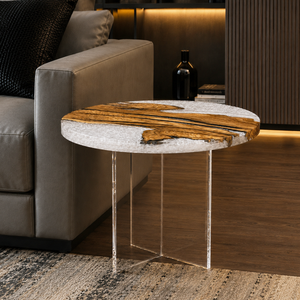 Olive Wood Crystal Tundra Textured Round Epoxy Resin Side Table