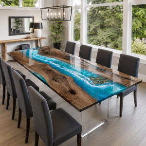 Black Walnut Coastal Island Blue Wave Epoxy Resin Dining Table