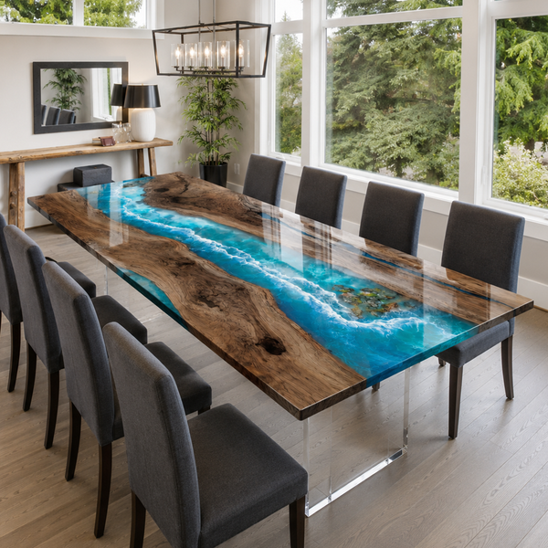 Black Walnut Coastal Island Blue Wave Epoxy Resin Dining Table