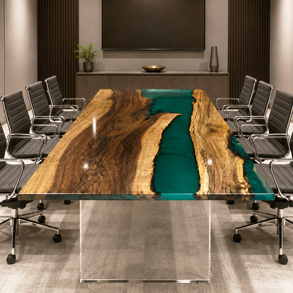 Black Walnut Wood Green River Translucent Epoxy Resin Conference Table