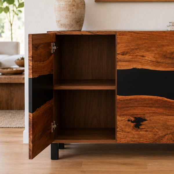 Walnut Wood Black Stream Epoxy Resin Entrance Cabinet