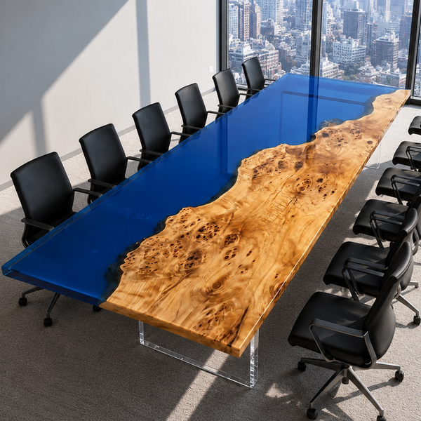 Poplar Burl Azure Seascape Island Epoxy Resin Conference Table