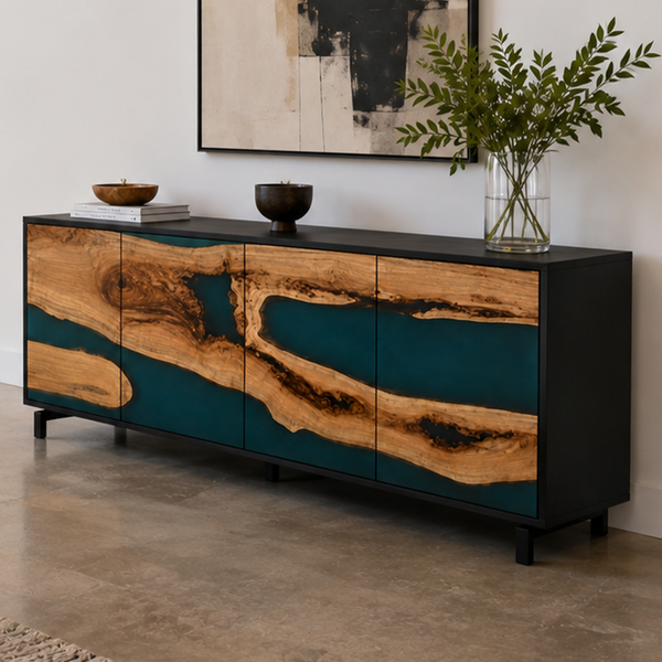 Olive Burl Deep Emerald Stream Epoxy Resin Storage Console