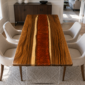 96" × 42" × 2" Walnut Amber Red River Epoxy Resin Dining Table