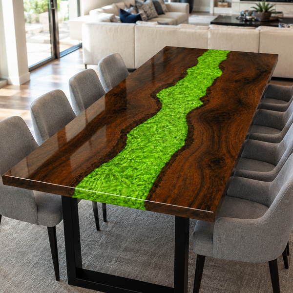 Black Walnut Wood Swirl Green River Epoxy Resin Dining Table