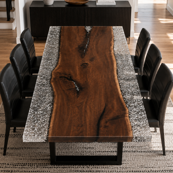 Black Walnut Wood Crystal Ice Patterned Edge Epoxy Resin Dining Table