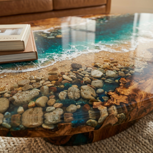 Walnut Wood Oceanic Shoreline Epoxy Resin Oval Coffee Table