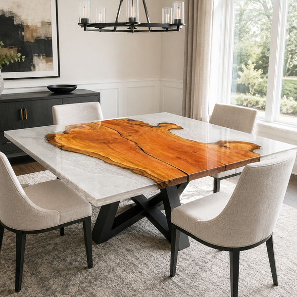 Olive Wood Crystal Tundra Textured Square Epoxy Resin Dining Table