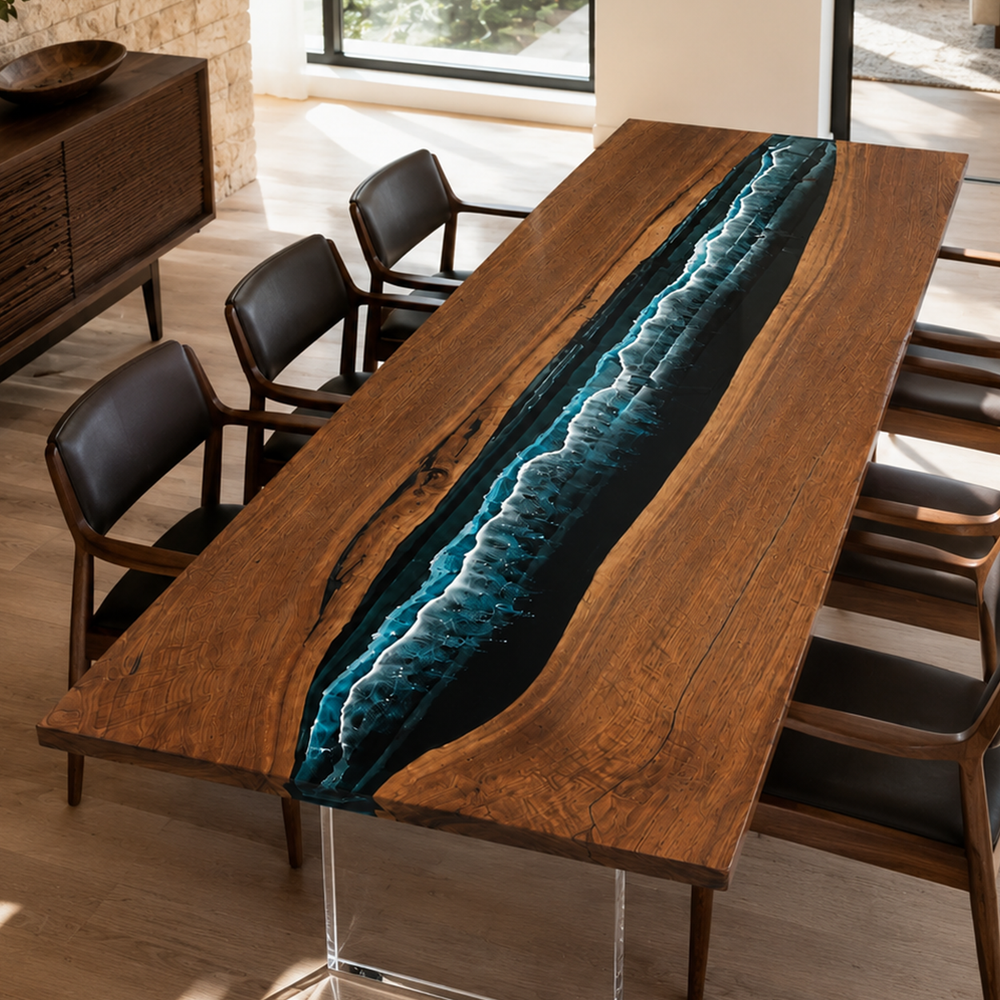 Black Walnut Wood Deep Ocean Wave Epoxy Resin Dining Table