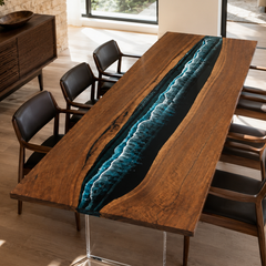 Full product view of Black Walnut Wood Deep Ocean Wave epoxy Dining Table.
