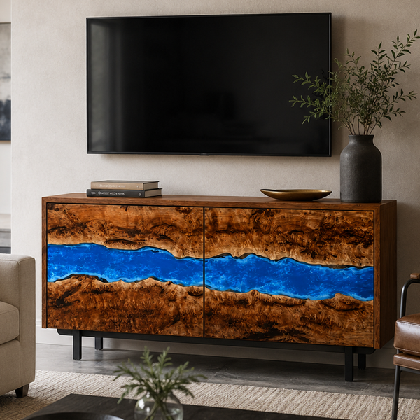 Golden Camphor Burl Blue River Epoxy Resin TV Console