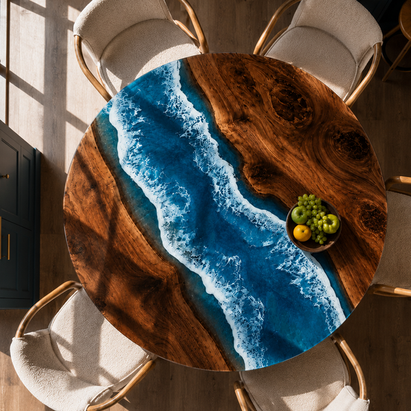 Walnut Seascape Blue Wave Epoxy Resin Round Table