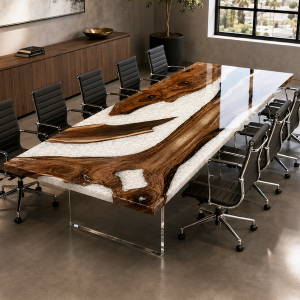 Black Walnut White Pearl River Glossy Epoxy Resin Conference Table