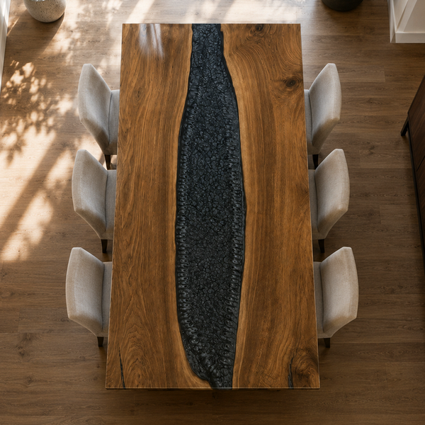Black Walnut Wood Rectangular Charcoal Inlay Epoxy Resin Dining Table