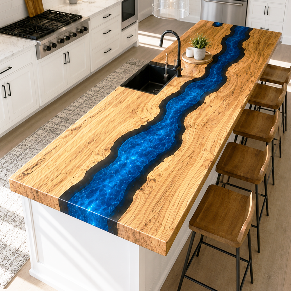 Full product view of Olive Wood Modern Blue River epoxy Countertop.