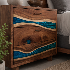 Walnut Live Edge Ocean Stream Epoxy Resin Storage Cabinet