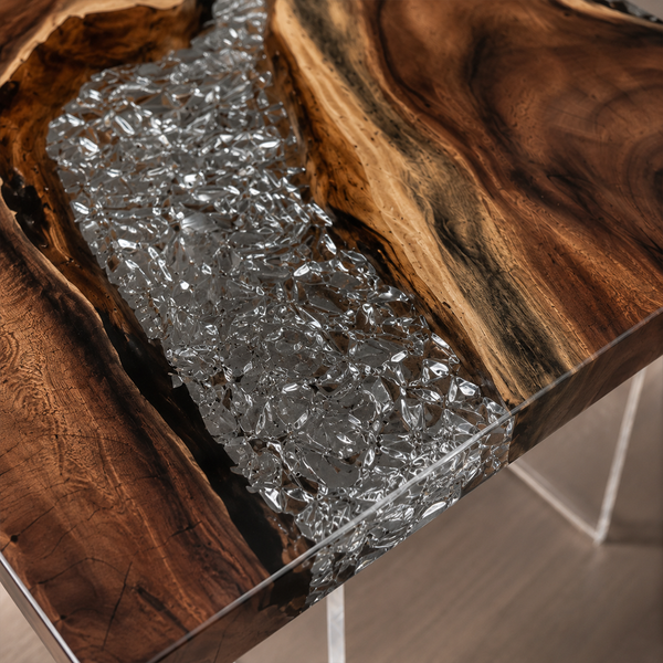 Walnut Crystal Textured Epoxy Resin Side Table