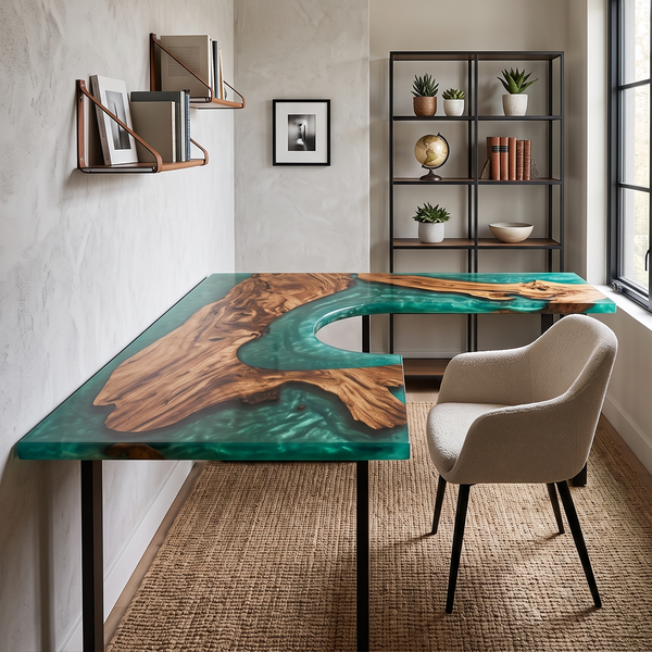 Walnut Wood L-Shaped Ocean Blue Flow Epoxy Resin Desk Table
