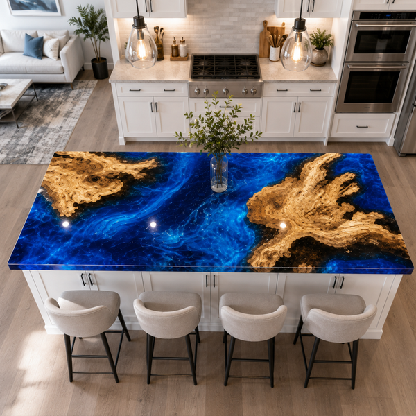 Olive Wood Ocean Blue Burl Epoxy Resin Countertop