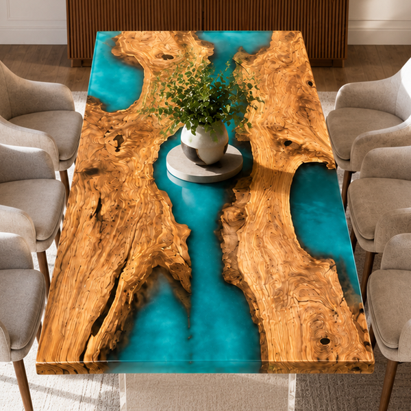Olive Wood Green River Translucent Epoxy Resin Dining Table