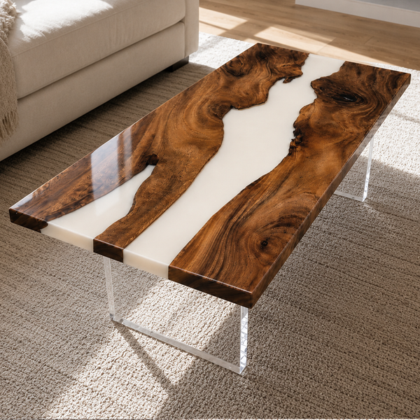 Walnut Natural Grain Milky River Epoxy Resin Coffee Table