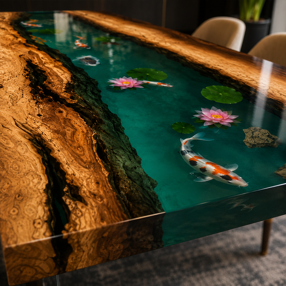 Black Walnut Emerald Jade Aquatic Life Epoxy Resin Dining Table