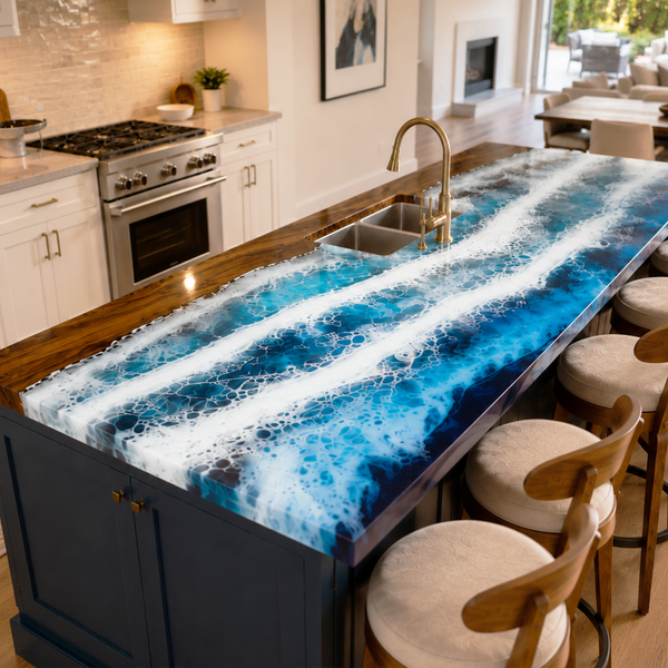 Walnut Wood Ocean Waves Sea Foam Art Epoxy Resin Countertop