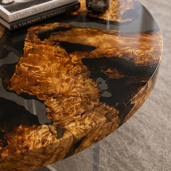 Cunninghamia Burl Black River Round Epoxy Resin Coffee Table