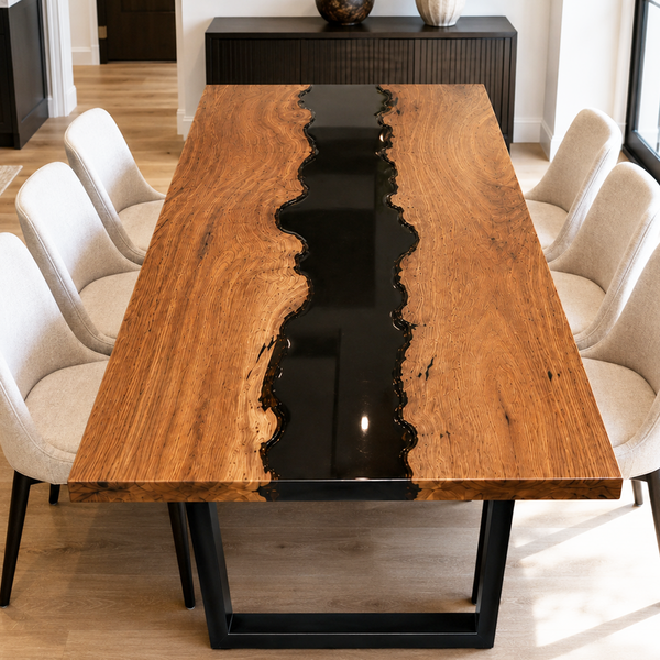 Black Walnut Wood Handcrafted Black River Epoxy Resin Dining Table