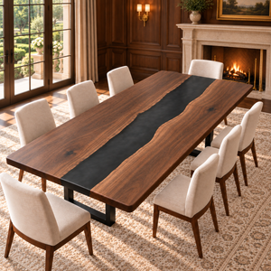 Walnut and black epoxy table styled in a wood-paneled estate dining room.