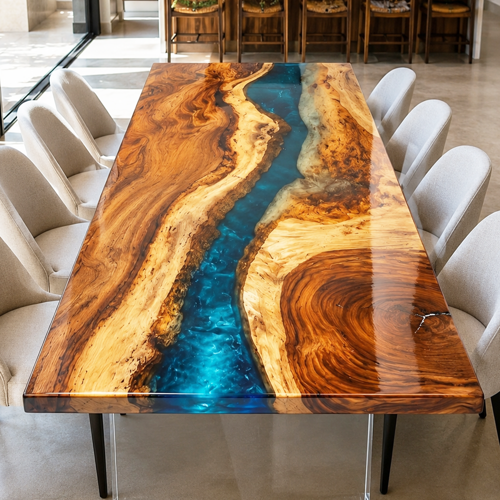 Walnut Vibrant Blue River Epoxy Resin Dining Table
