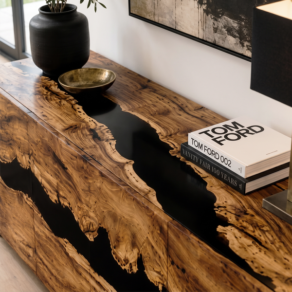 Walnut Wood Black River Inlay Credenza Epoxy Resin Storage