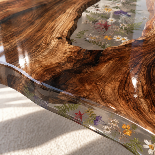 Walnut Wood Floral Inlay Live Edge Epoxy Resin Dining Table