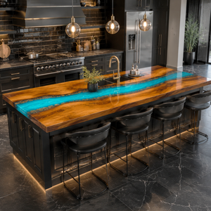 Walnut Wood Custom Aqua River Stone Style Epoxy Resin Countertop