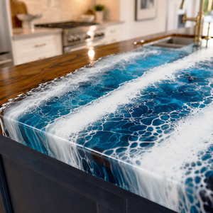 Walnut Wood Ocean Waves Sea Foam Art Epoxy Resin Countertop