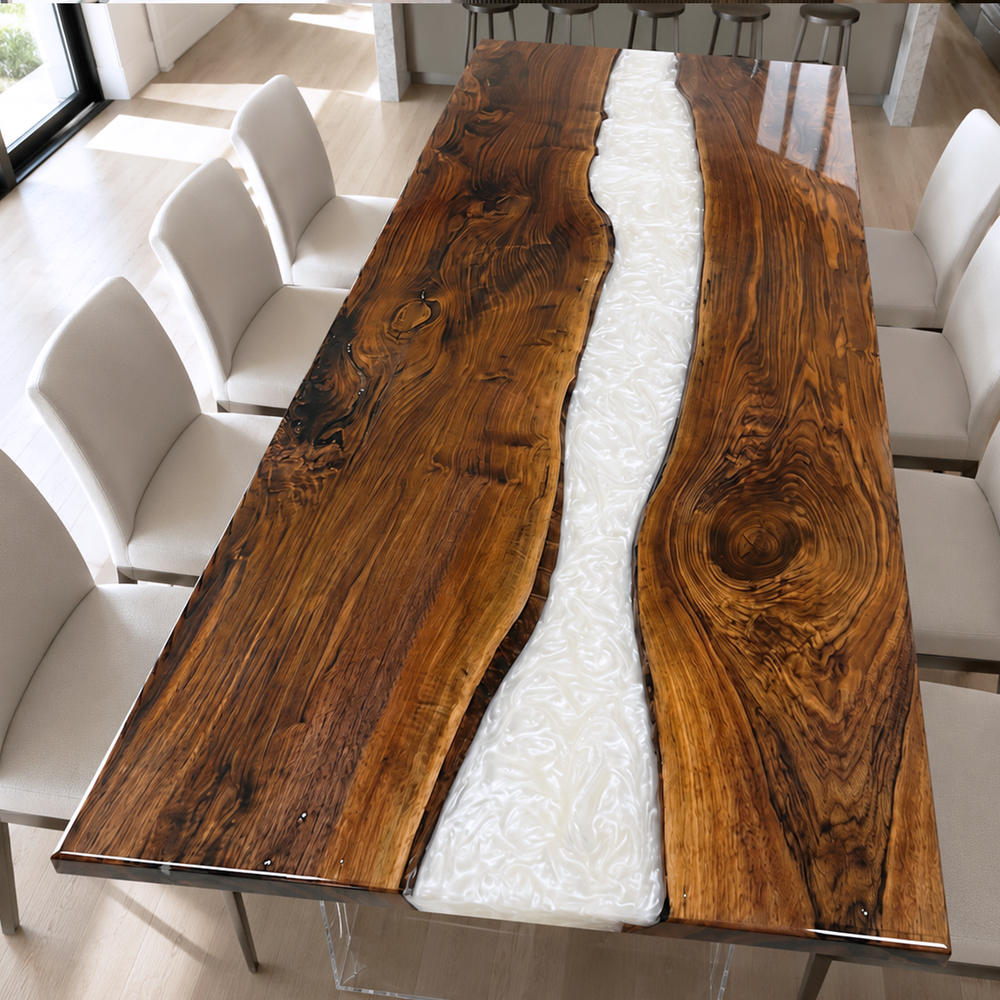 Black Walnut Swirling River White Epoxy Resin Dining Table