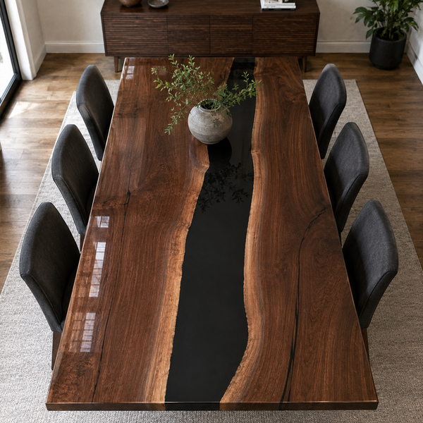 Black Walnut Black River Live Edge Epoxy Resin Dining Table