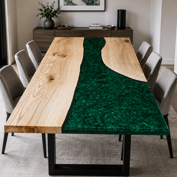 Ash Wood Swirl Green Epoxy Resin Dining Table