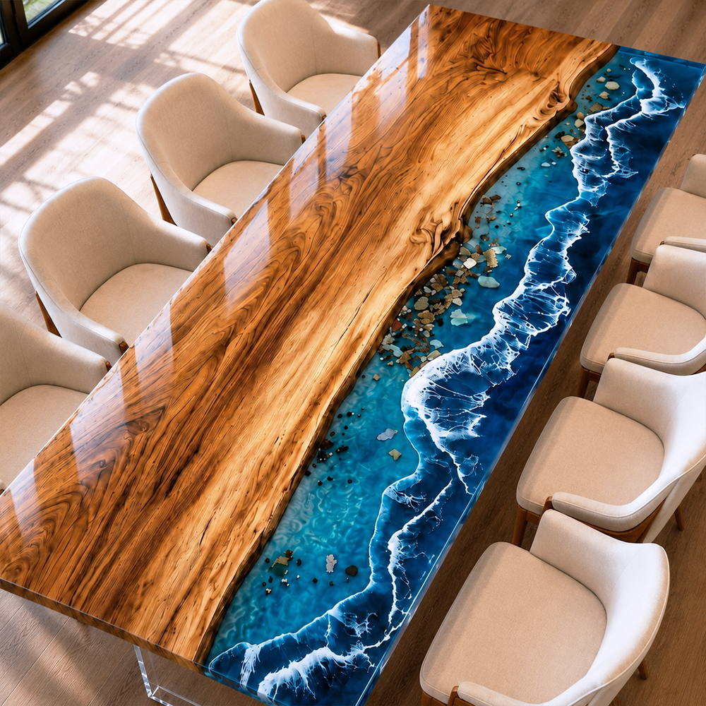 Walnut Island Beachfront Epoxy Resin Dining Table
