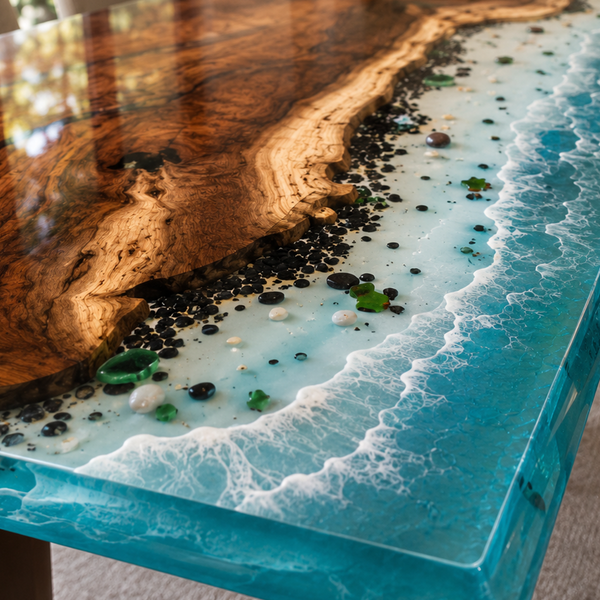 92.5" L × 46.5" W × 2" T Walnut Ocean Beach Waves Epoxy Resin Dining Table