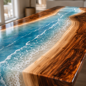 Walnut Coastal Tide Epoxy Resin Waterfall Table